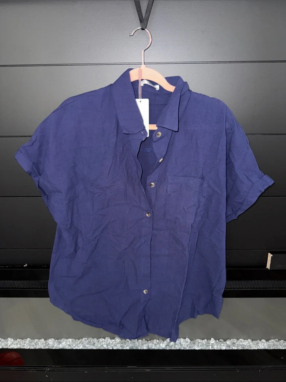 Classic Navy Button-Down Short Sleeve Shirt - Women's - Picture 1 of 3